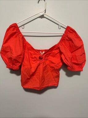 Salmon Puff Sleeve Crop Top with Front Ring Detail